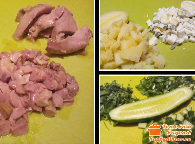Подготовка продуктов для салата: печень, картофель, яйца, огурец, зелень